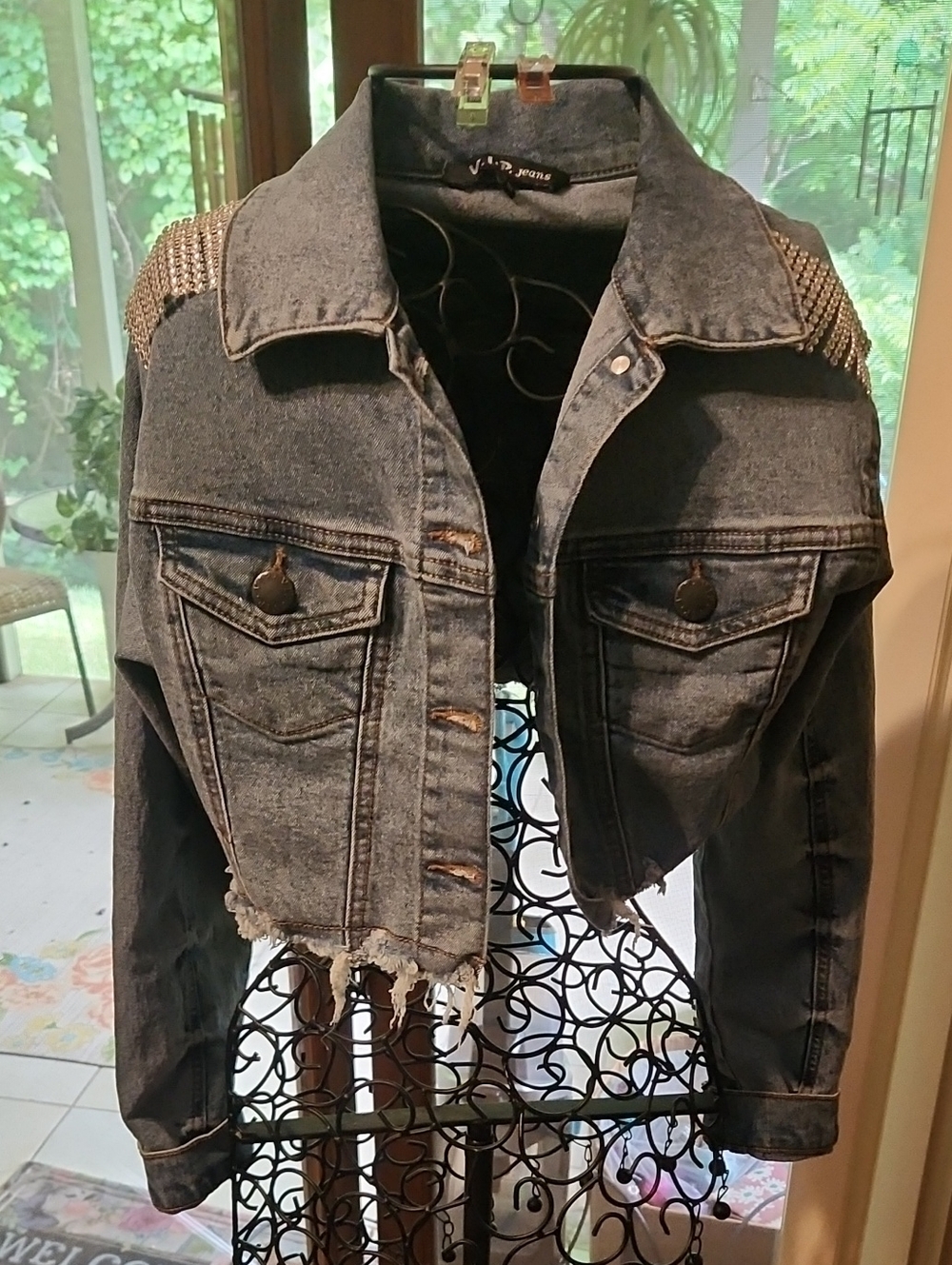 VIP Dark Blue Denim Crop Jacket with Rhinestone Shoulder Accents